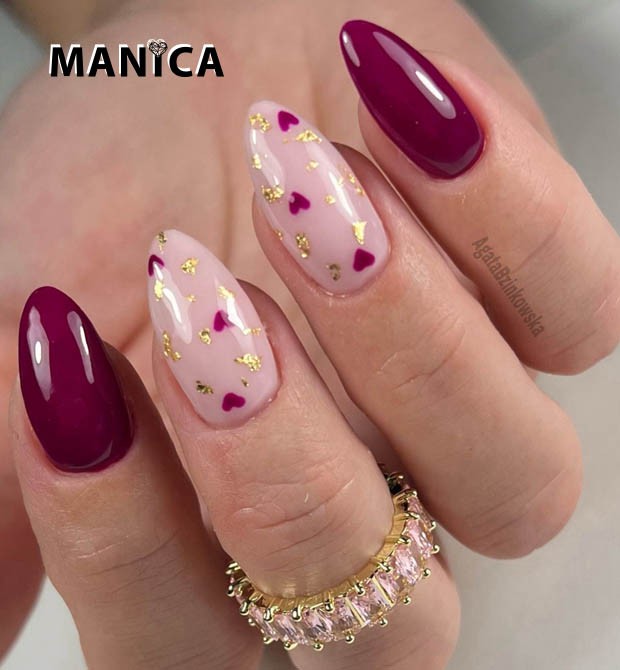 Bordowe paznokcie z serduszkiem